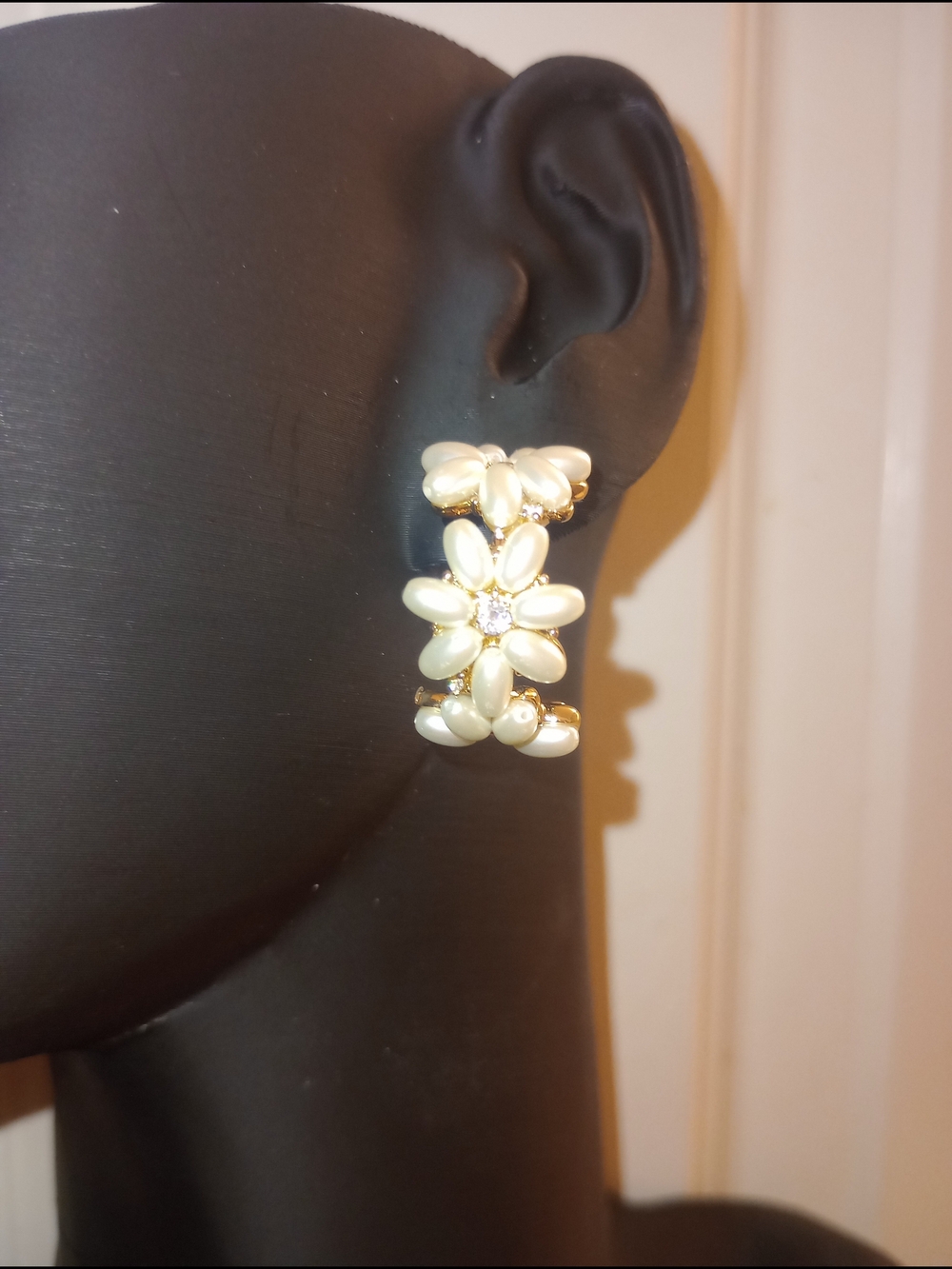Gold & Cream Floral Cluster Hoop Earrings